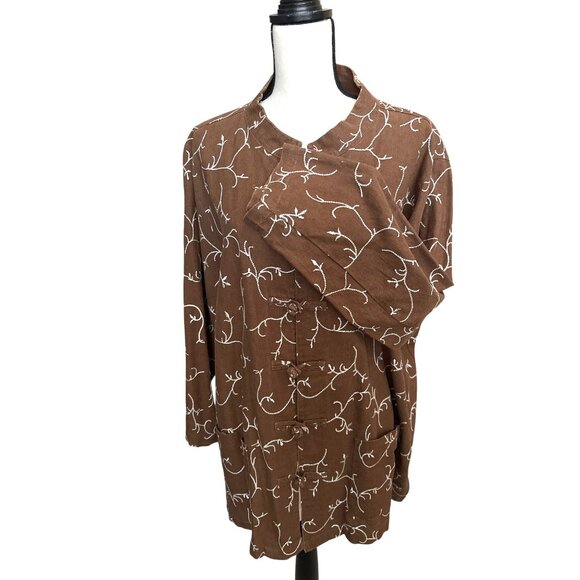 Silhouettes Brown Linen Top Cotton Embroidered Tie Knot Front Tunic Size 3X - Picture 3 of 6